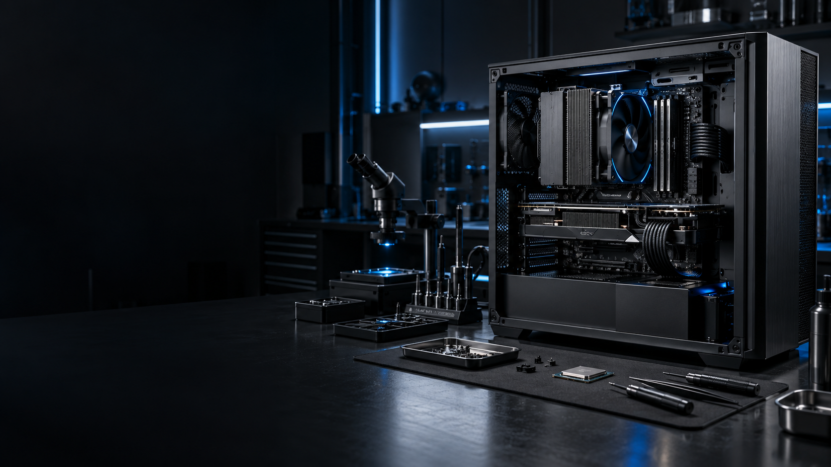 Laboratorio técnico de precisión con componentes de una computadora